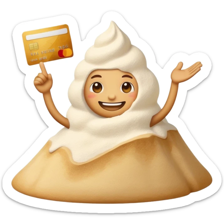 happy emoji with credit cart in his hand and little hill of flour next to him sticker