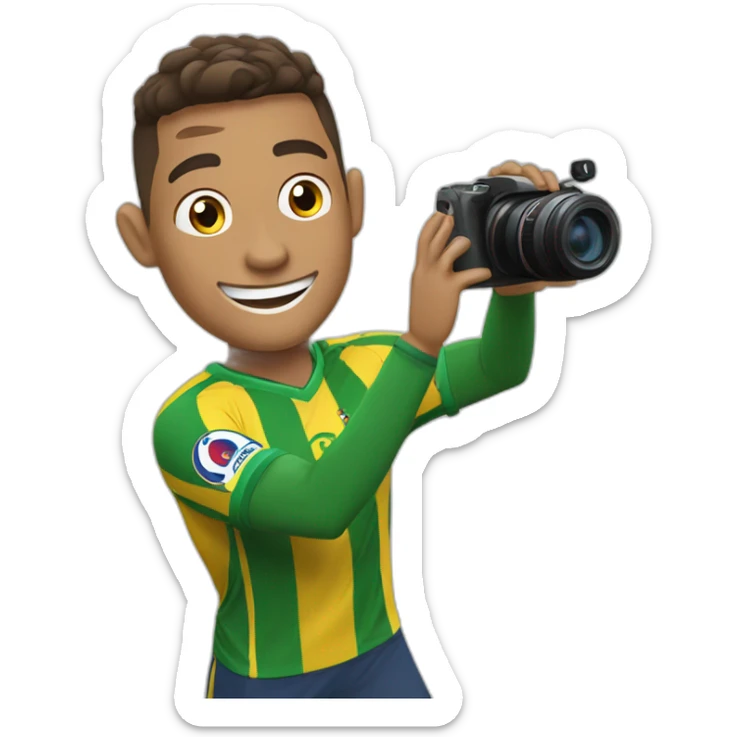 Design an emoji showcasing a joyful footballer, akin to Cristiano Ronaldo, gleefully snapping photos with a camera, embodying the excitement of capturing memorable moments on the field. sticker
