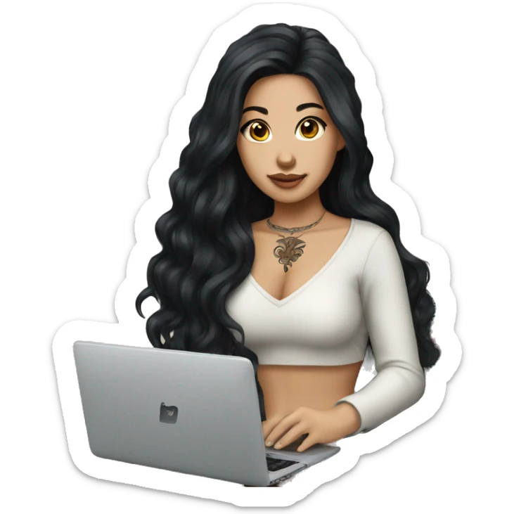 beautiful girl, with tattoos, with long black hair, wavy hair, chinese, with laptop sticker