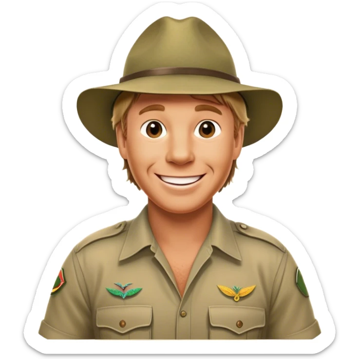 Cinematic Realistic Steve Irwin Portrait Emoji, depicted as a passionate wildlife expert in his signature khaki attire with an enthusiastic smile and a backdrop of the Australian outback, rendered with vibrant textures and dynamic natural lighting that captures his adventurous spirit. sticker