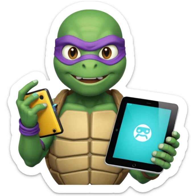 Donatello from Teenage Mutant Ninja Turtles, emoji style, holding a tablet with a hacking screen and a tech gadget, with a cyan hacking interface sticker