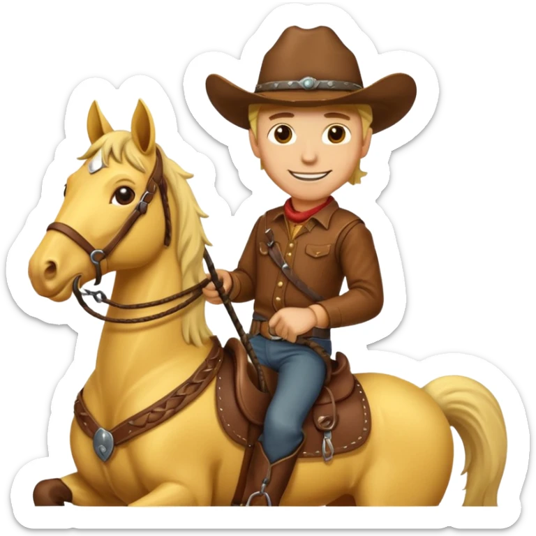 Cowboy riding a horse with whip. With yellow skin and smilling  sticker