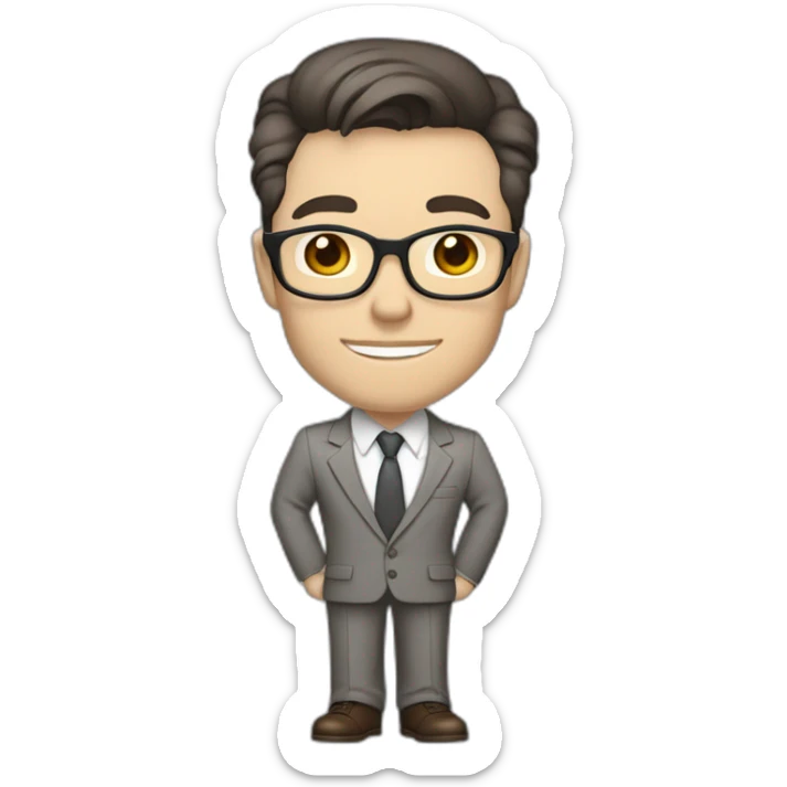 Full height Pale skinned Fit Man With dark brown hair in classic gray suit, beige office shirt, dark gray tie, and vintage glasses. His right hand is directed up sticker