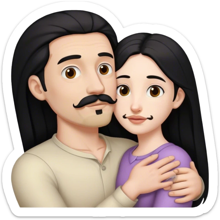 Tall pale man with brown mustache and goatee hugging small pale woman long black hair sticker