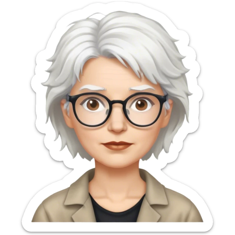 White woman anthropologist with messy cropped white hair with glasses brown brows sticker