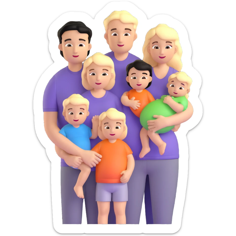 family with blond dad, brunette mom, blonde son, daughter with black hair, and a baby sticker