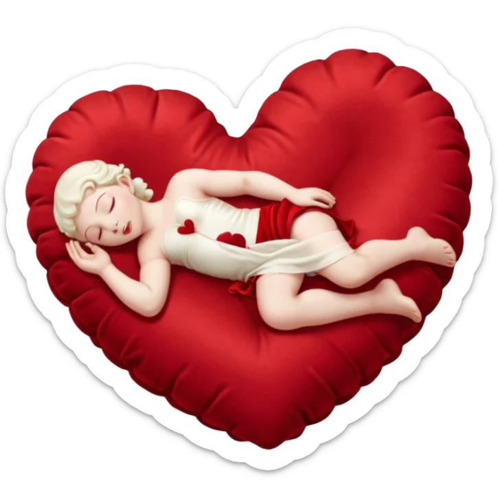 A lifelike photograph shows a pale Cupid sleeping on a giant, soft, heart-shaped cushion. sticker