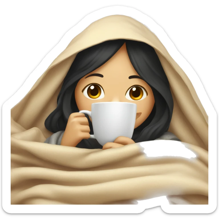 Asian girl inside a blanket sipping coffee eyes closed black hair sticker