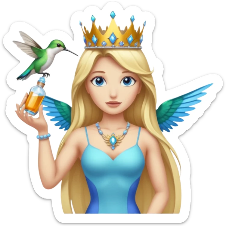 full body woman long blonde hair blue eyes white skin muscular build hummingbird crown and nectar flask sticker