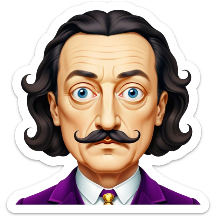 Cinematic Realistic portrait of Salvador Dalí, depicted as a surrealist artist with eccentric, expressive features and his iconic mustache, rendered with vibrant, imaginative lighting and richly detailed period attire that capture his avant-garde essence. sticker