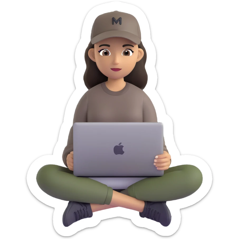 A professional 3D avatar of a young woman with olive skin and long, dark brown hair, wearing a dark, long-sleeved dark taupe shirt and a black baseball cap. She's sitting at a sleek wooden desk, typing on a silver MacBook. sticker