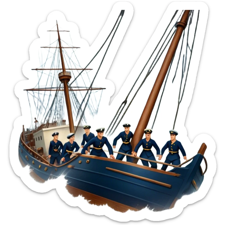 Icon for Historical Movies: Age of Great Geographical Discoveries. A vintage movie poster-style design with sailors battling a fierce storm at sea. Include crashing waves, lightning, a damaged ship, and heroic sailors gripping ropes. Intense, dramatic atmosphere. Transparent background. sticker