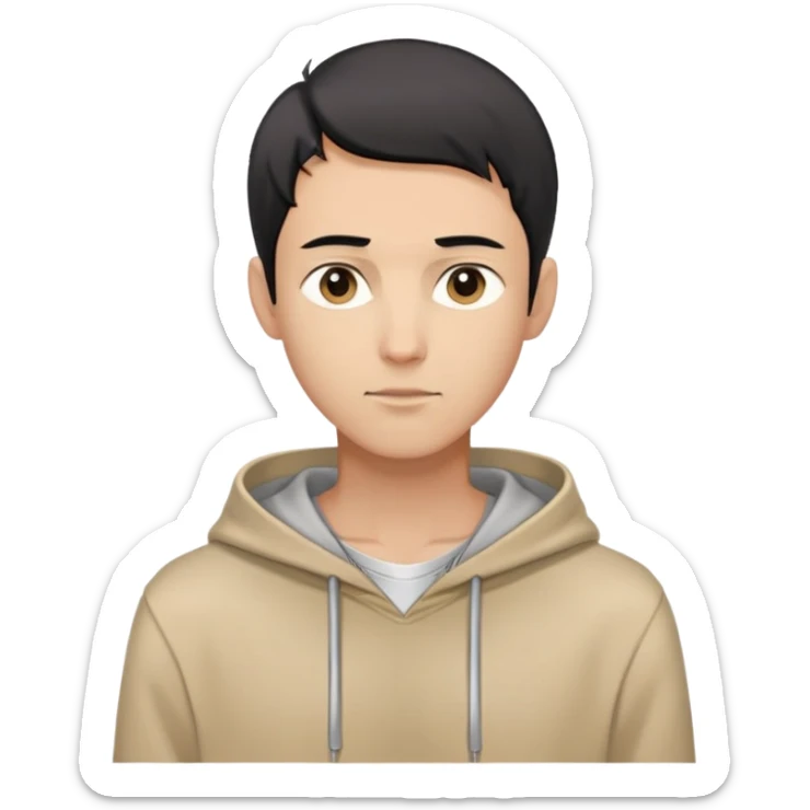 man with short black hair, slender build, light brown hoodie over white inner garment, silver necklace, calm demeanor, gentle expression, looking straight ahead sticker