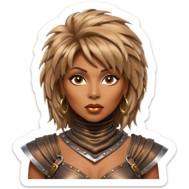 Solarpunk solar aesthetic shiny glowing divine lighting - portrait of Tina Turner in costume from the movie Mad Max Beyond Thunderdome, dramatic backlit by bronze spotlights sticker
