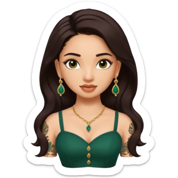 pretty bratz genmoji that looks like tamannah bhatia (bollywood actress), wearing a dark green sweetheart neckline top, dark brown hair, light makeup, no necklace, dangly earrings, side hair part, dark brown eyes, with full tattoos sticker