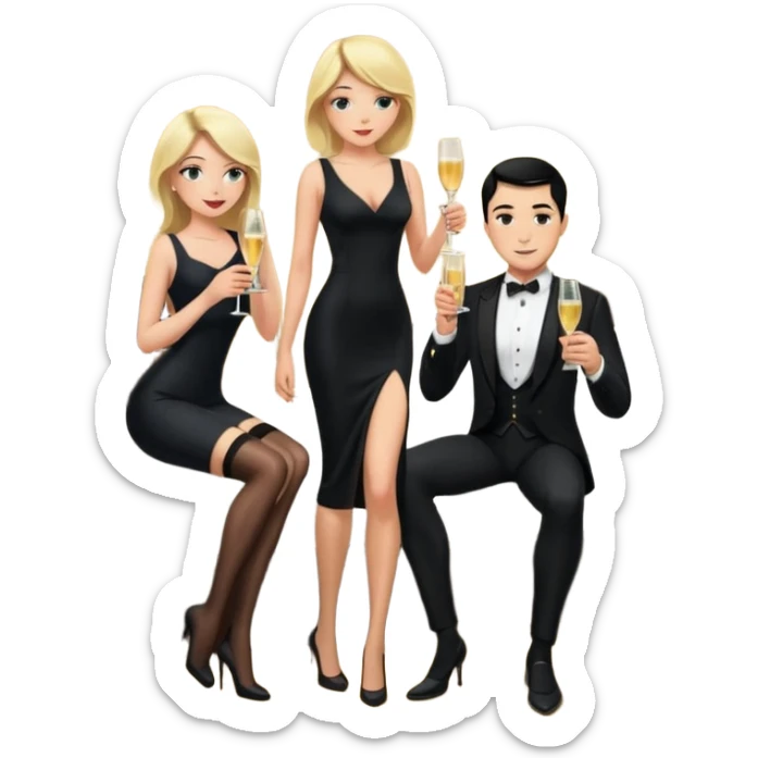 Blonde woman, black, Long, tight, sleveless Dress, Slot left Leg, stockings, man, DARK Hair, in Dinner jacket, Background bedroom, drinking champaign sticker
