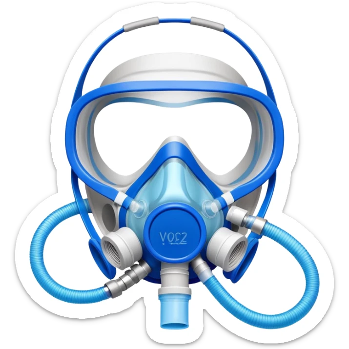 Close-up of blue VO2 max testing mask with breathing tubes and valves, no person wearing it sticker