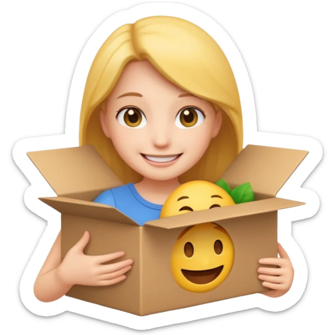 smiling and happy girl emoji holding an open box with no face, the box is clearly open and has no face or expression sticker