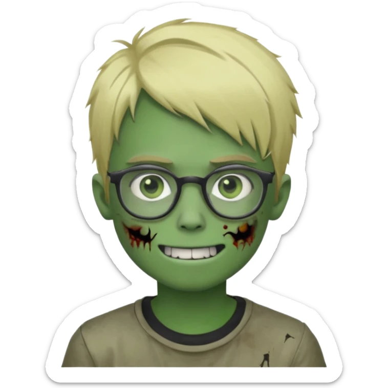 boy zombie with blonde emo hair and green skin and glasses and corner smile sticker