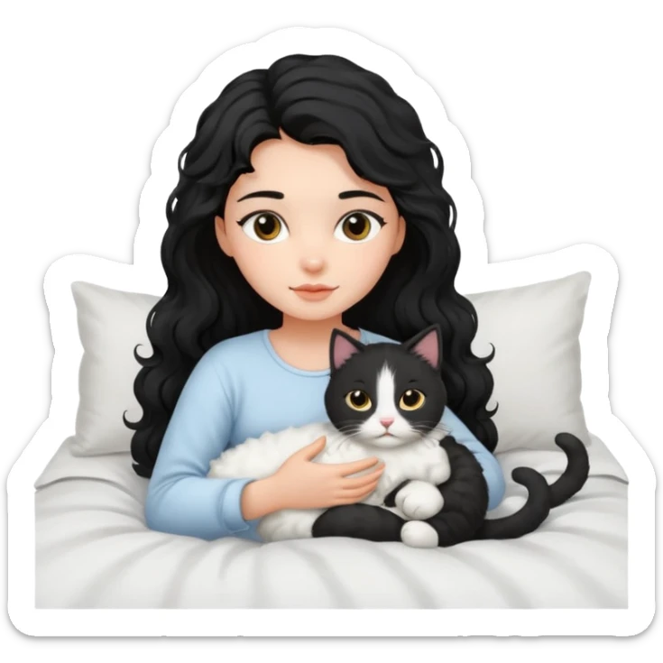 angelic black wavey hair girl in the bed with her cat sticker