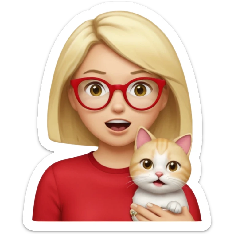 emoji style, waist-up woman with light skin, blonde bob hair, white cat-eye glasses, red shirt, hand cupped tightly around her mouth, hand very close to face as she shouts forward, excited expression, simple background sticker