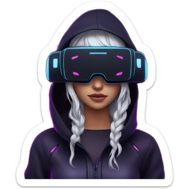 Daenerys Targaryen wearing a black hoodie with "OMG" letters on it and VR headset in a cyberpunk VR environment with violet neon lighting. sticker