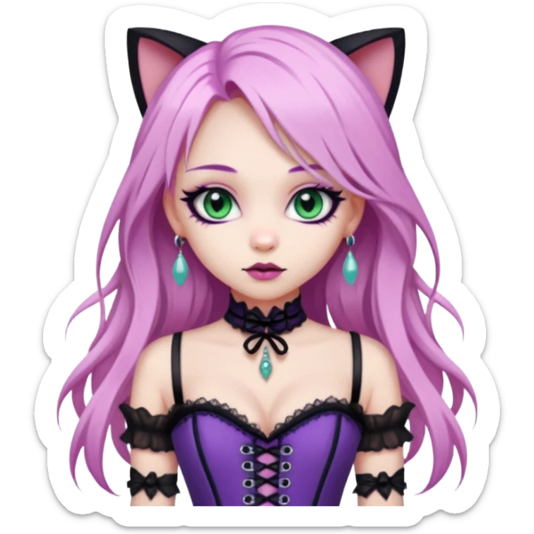 pretty scary girl, long straight LIGHT pink HAIR, jade kitten eyes, black eyeliner, pale skin, purple corset clothes with laces sticker