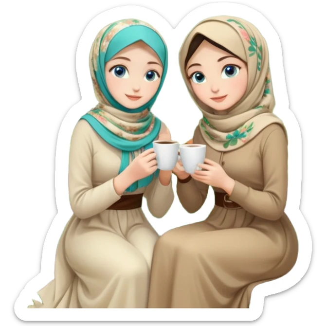 Turkish beautiful finish Konya girls blue eyes with Beautiful beige green floral hijab long tail dress and the two friends in a lovely garden sits on the chair on the ground and holds cup coffe with her hand  sticker