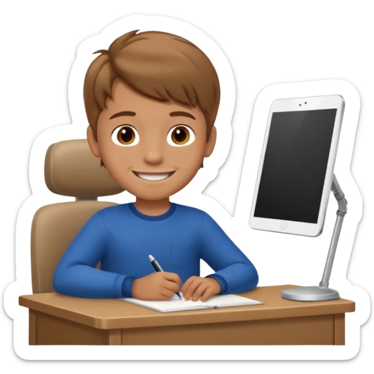 Little nice boy straight a student light brown hair tan skin sitting in desk with a big smile sticker