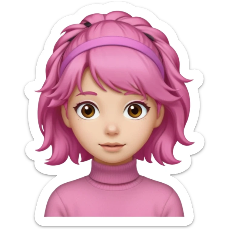 brown fluffy haired girl with pink turtleneck sweater and pink hair band sticker