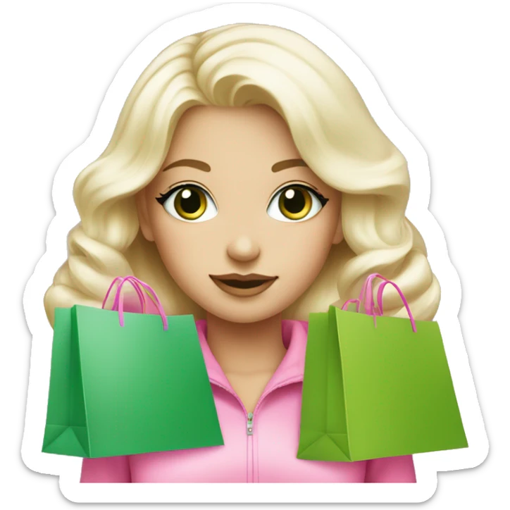 cute platinum blonde with green eyes surrounded by pink shopping bags sticker