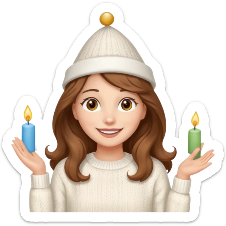 A pretty white girl with hazel brown eyes and long brown wavy hair in a cosy white knit sweater, she is celebrating her birthday and is happy sticker
