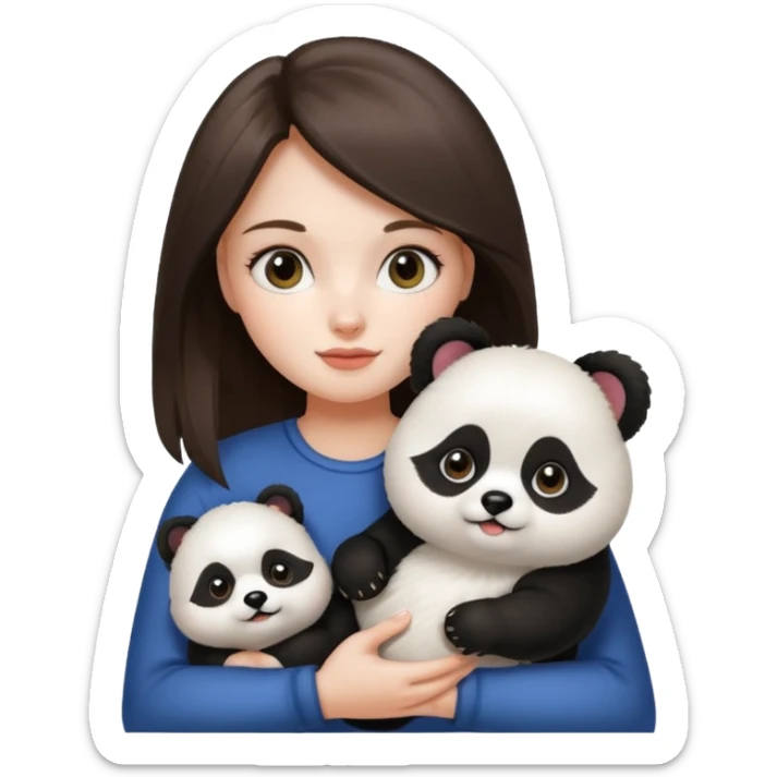 an brunette hair girl holding her white pomeranian dog that looks like a panda sticker