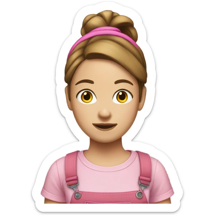 A white woman with brown hair in pony tail wearing pink headband, pink t shirt and overalls  sticker
