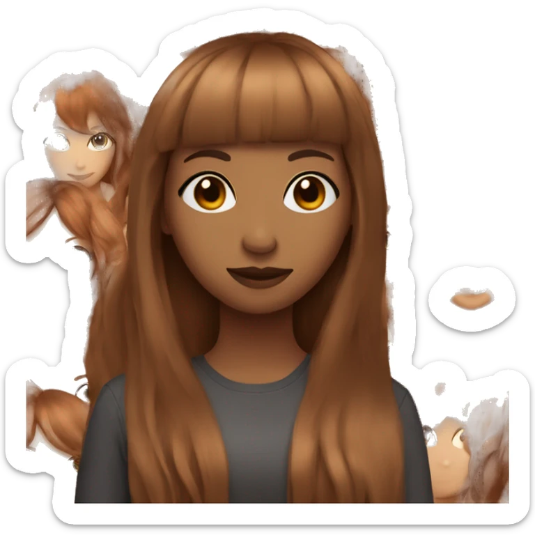 light brown girl with long dark red hair and a fringe sticker