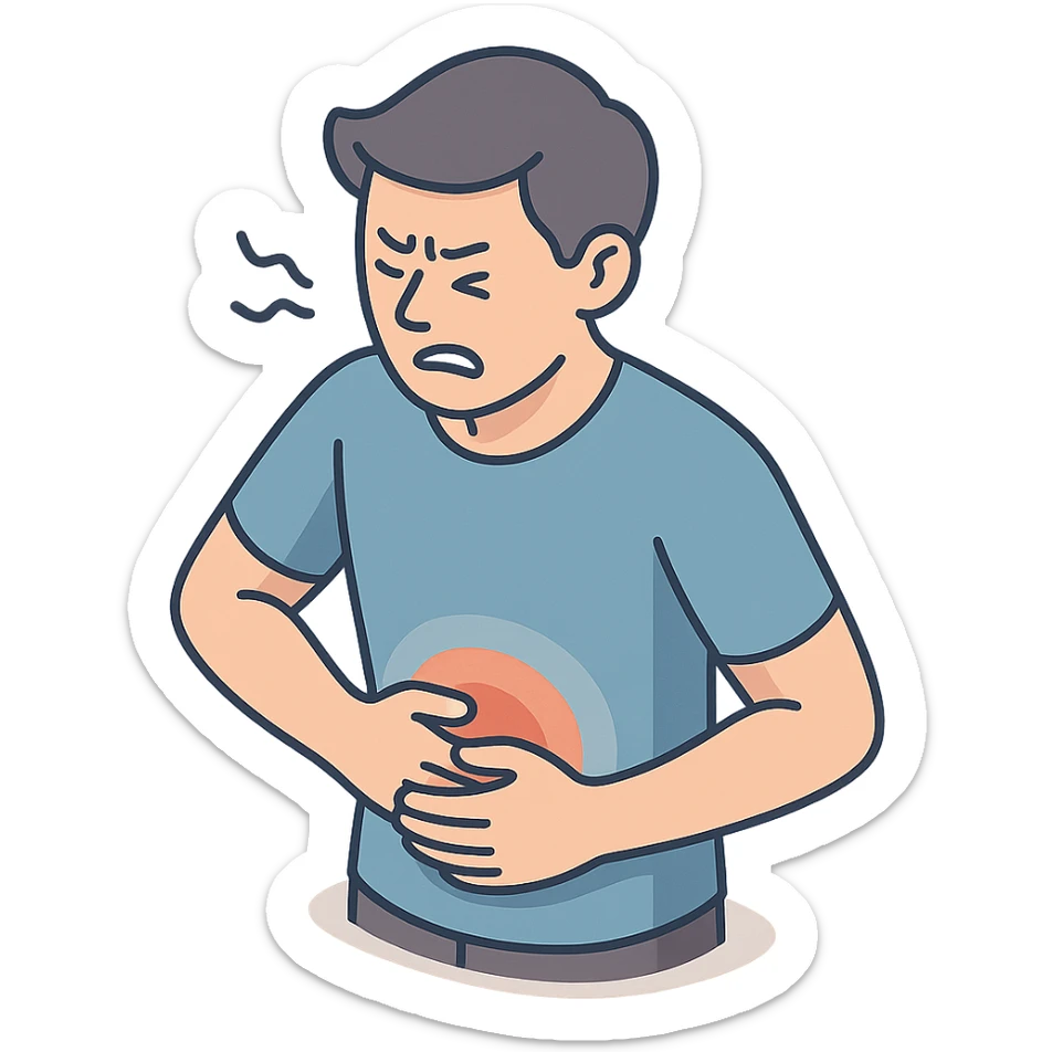 detailed 2D isometric illustration of a person (patient) with stomach pain, waist up, close-up, holding stomach and writhing in pain, soft rounded shapes, shadows and highlights, clean contours, pastel palette, modern illustration, transparent background sticker