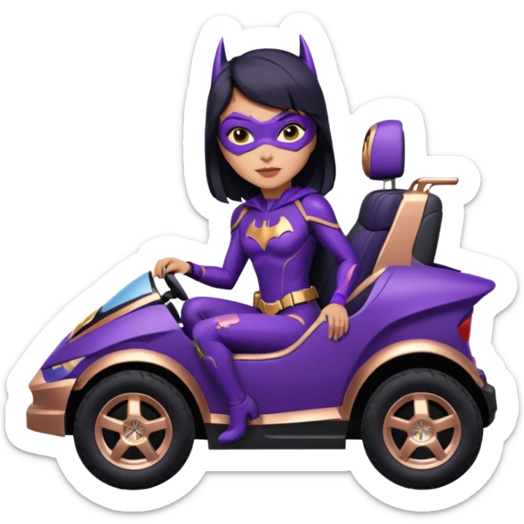 Hot full size real-appearance racing action Darkness BatGirl’s midnight-purple tight outfit sixty’s tv show 1992 stealth retro cat burglar sporty petite off-road pursuit mobile cruiser car rose gold accents (black hair,reclined and relaxed seating position and attitude) sticker