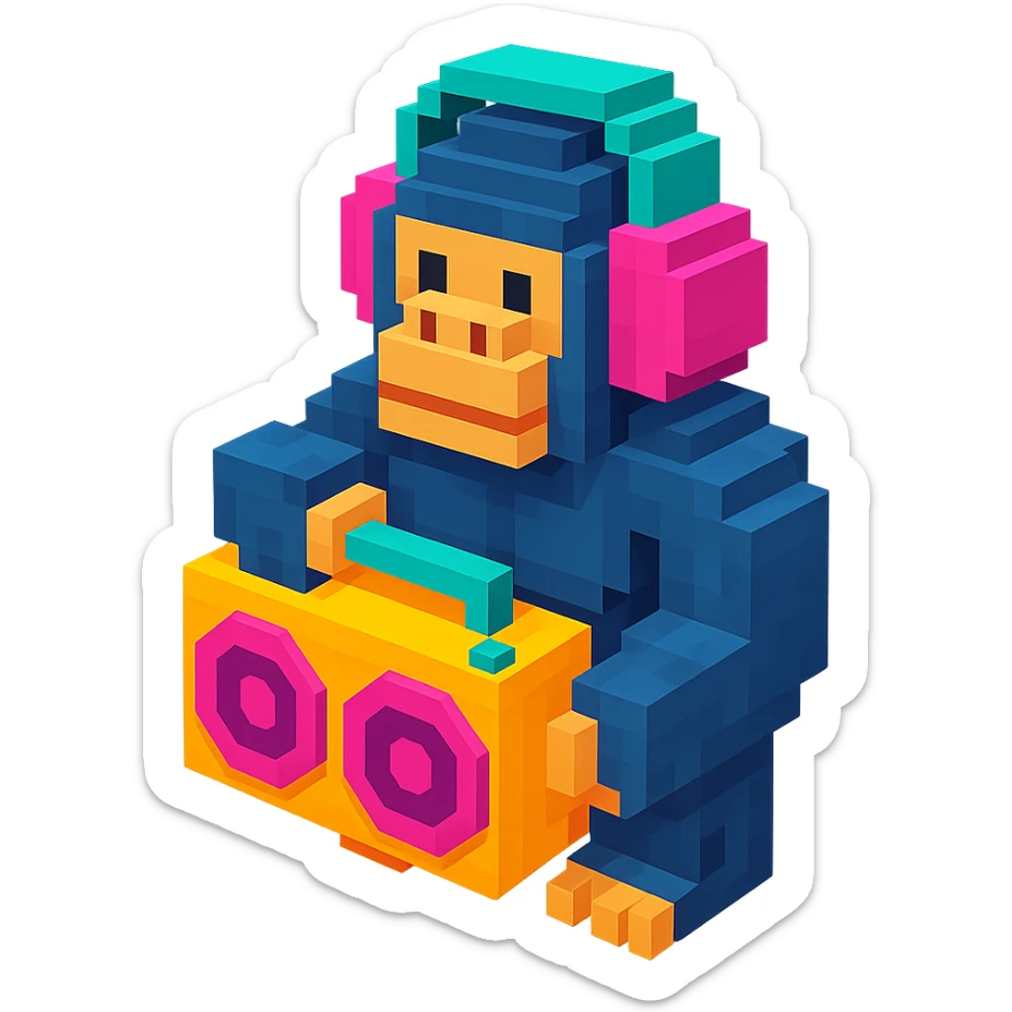 voxel style gorilla with headphones, holding a boombox, isometric view sticker