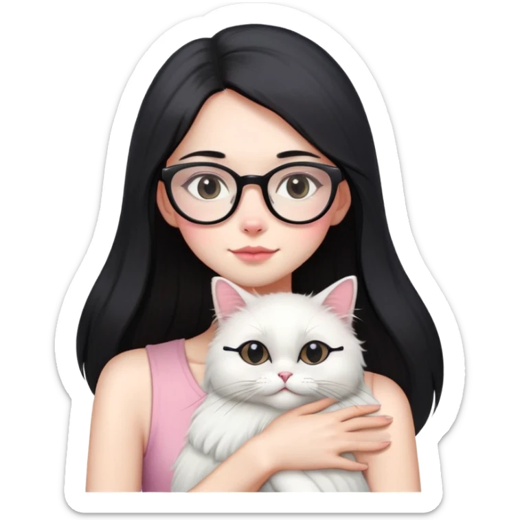 Skinny woman with oval glasses, long straight black hair, pink cheek blush, wearing white sleeveless top, hugging a grey Persian-Angora cat, plain background sticker