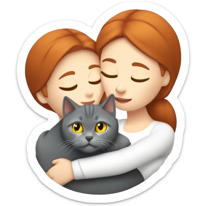 Red hair woman kissing the head of a grey British shorthair cat with yellow eyes sticker