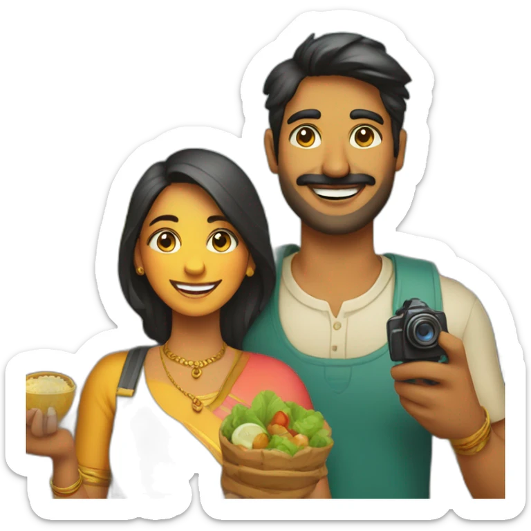 Indian fair modern man and woman with camera in one hand and food in other hand, happy smiling sticker