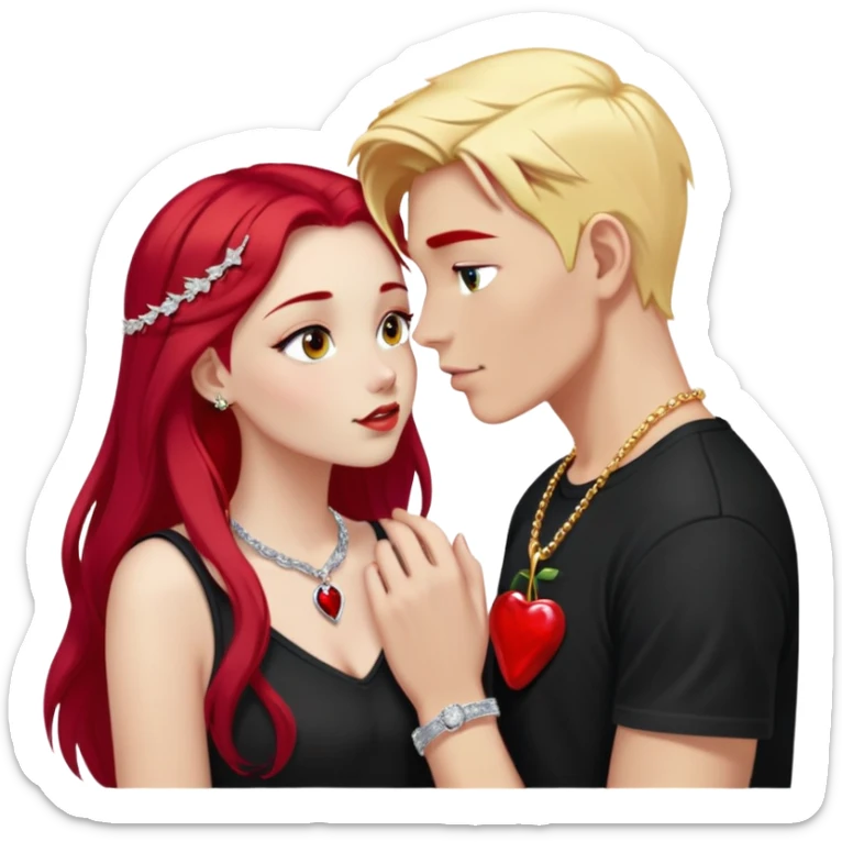 young couple kissing, girl with long cherry red hair and blonde eyebrows, gold A necklace, diamond ring, red bracelet, light clothes, boy with SHORT SNOW WHITE hair, silver ring with black stone, dark t-shirt sticker