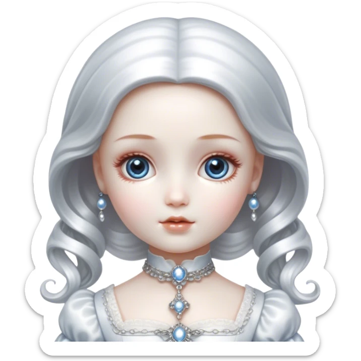 Cinematic and Ultra realistic 32k HD hauntingly beautiful porcelain doll sitting in a chair, Balanced features, highly detailed, glowing with silver light, high shine, remembrance, a painting of white silver, fanciful, enchanting. The image is so lifelike it could leap off the canvas at any moment sticker
