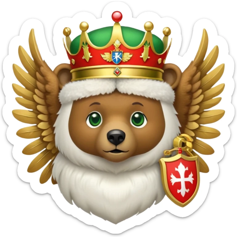 Cute brown bear head with green eyes, wearing white fur ushanka hat with Russian coat of arms: golden double-headed eagle with spread wings, three crowns connected by ribbon, scepter in right claw, orb in left claw, red shield on chest with St. George slaying dragon, iOS emoji style sticker