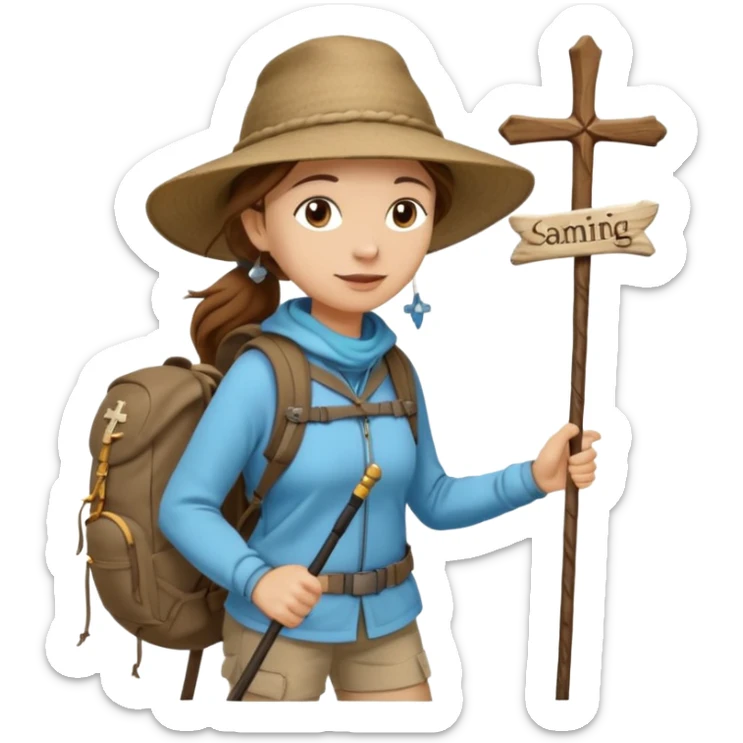 Middle aged women, long brown hair in ponytail with wide brim hiking hat. Walking with backpack and trekking poles. Backpack gas a scallop shell with the cross of saint james hanging from it. She is a pilgrim on the Camino Frances on her way to Santiago de Compostela sticker