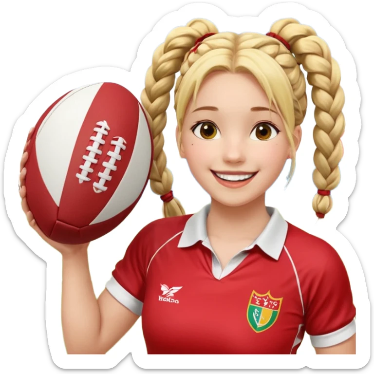 Chica de pelo rubio tirada en el suelo boca abajo agarrando un balón DE RUGBY con las manos vestida con una equipación de color rojo y blanco con líneas y con unas botas de tacos de fútbol, con un bucal en la boca y el pelo con trenzas, se la tienen que ver las 2 piernas y que sonría  sticker