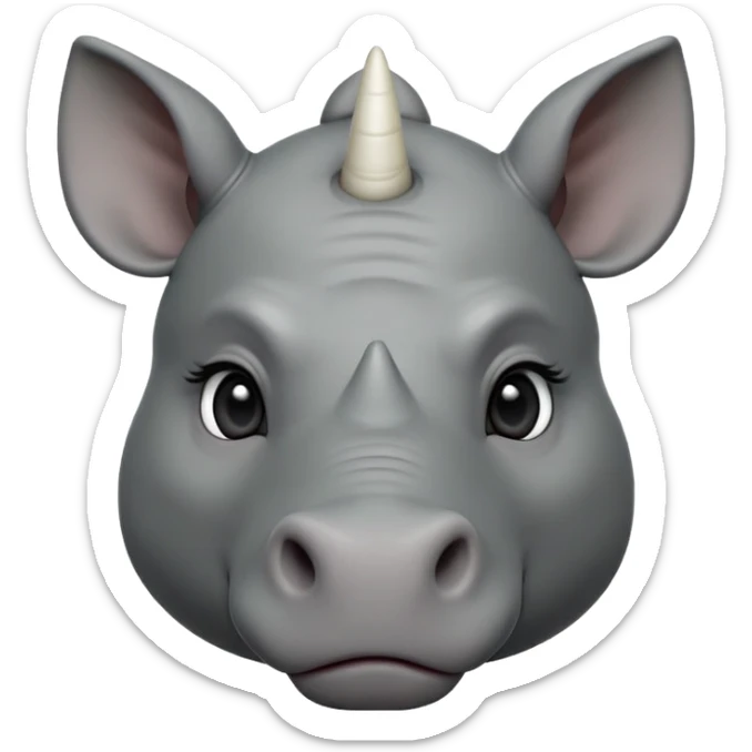 cinematic-noble-cute-young rhinoceros-portrait-emoji,slate-grey-hide-poised-and-regal,-with-a-massive,-powerful-build-and-a-thick,--deep-set-soulful-piercing-eyes,-simplified-yet-sharp-and-sophisticated-features,-highly-detailed,-large-black-eyes, white horn, front facing, zoomed out showing shoulders sticker