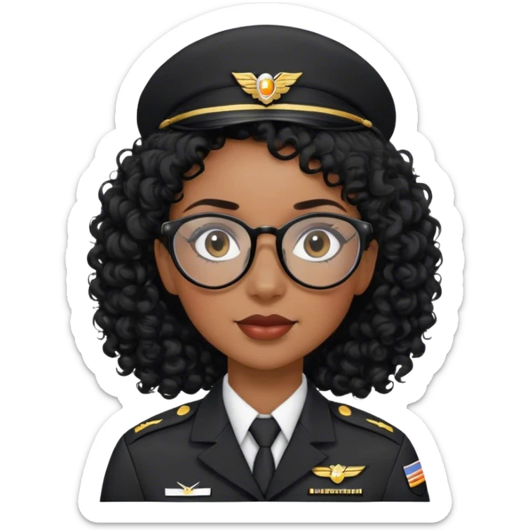 femme pilote d'avion en uniforme noir aux cheveux bouclés noir et petites lunettes arrondis identique avec des cheveux très long et la peau noir mais légèrement plus claire avec une queue de cheval sticker
