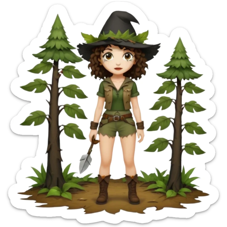 full body woman short curly brown mullet hair brown eyes white skin sexy forest rogue with torn leaf shorts and crow hat sticker