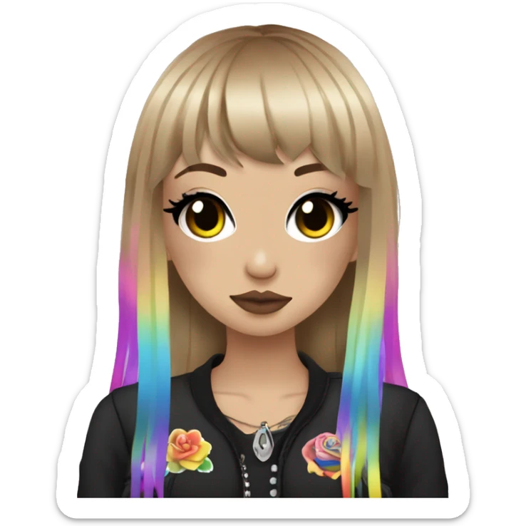hime gyaru girl, long brown blonde hair with rainbow fringe, tattoos, dark makeup, goth grunge clothes sticker